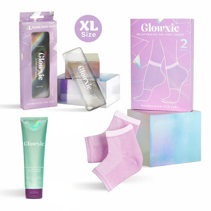 Glowxie Deluxe Pedi Set - XL File, Scrub & Heel Socks