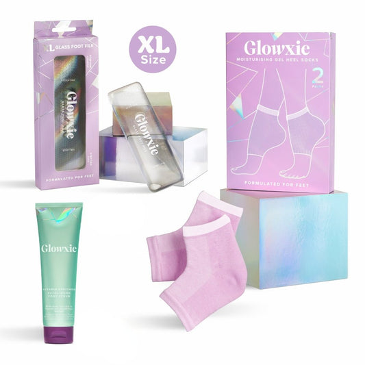 Glowxie Deluxe Pedi Set - XL File, Scrub & Heel Socks